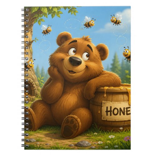 Cute Bear with Honey Barrel & Happy Bees Notebook