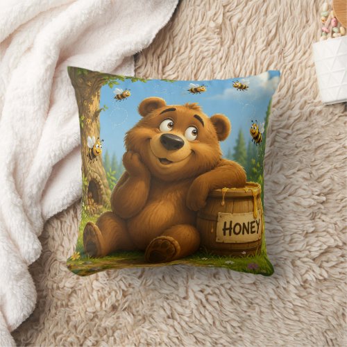 Cute Bear with Honey Barrel & Happy Bees Throw Pillow