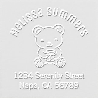 Cute Bear with Honey Jar Arched Name Address Embosser