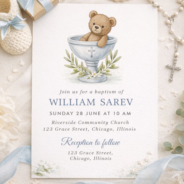 Cute Bear with Olive Branch Cross Boy Baptism Invitation (Teddy Bear Baptism Invitation for Boy with Cross and Greenery)