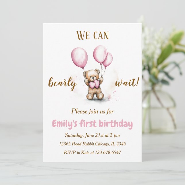 Cute Bear with Pink Balloons | Birthday Invitation (Standing Front)