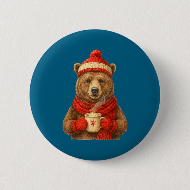 Cute Bear With Santa Hat Coffee Lover Funny Winter Button (Front)
