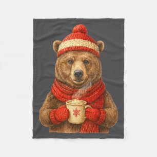 Cute Bear With Santa Hat Coffee Lover Funny Winter Fleece Blanket