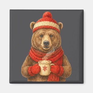 Cute Bear With Santa Hat Coffee Lover Funny Winter Magnet