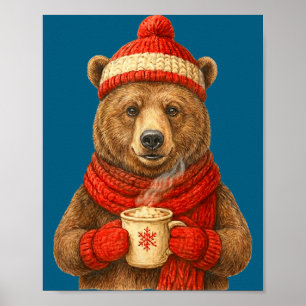 Cute Bear With Santa Hat Coffee Lover Funny Winter Poster