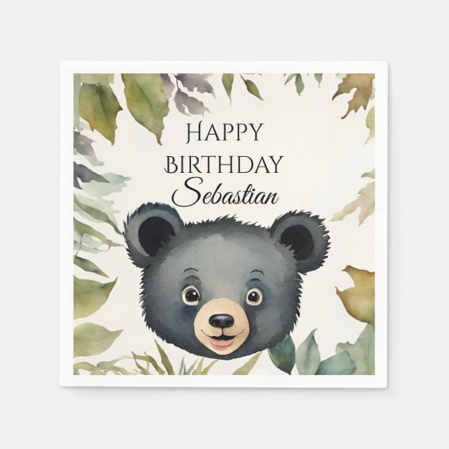 Cute Bear Woodland Animal Birthday Party Napkins (Front)