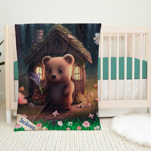 Cute Bear Woodland Animal Forest Camp Personalized Baby Blanket
