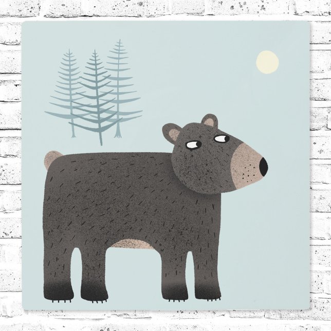 Cute Bear Woodland Metal Print (Bear, Trees and Moon metal art print)