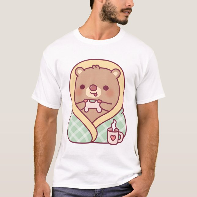 Cute Bear Wrapped In Cozy Blanket While Gaming T-Shirt (Front)