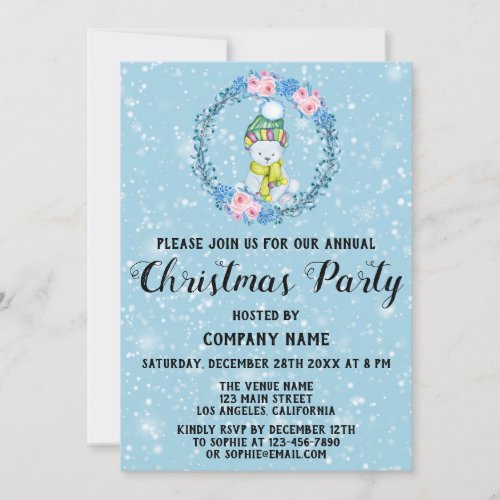 Cute Bear Wreath Company Christmas Party Blue Snow Invitation