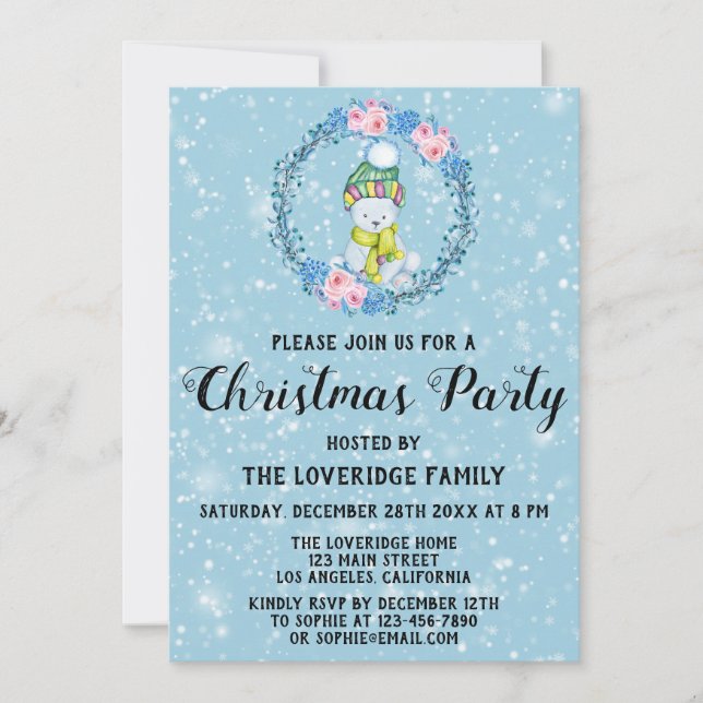 Cute Bear Wreath Holiday Christmas Party Blue Snow Invitation (Front)
