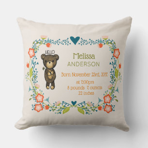 Cute Bear, Yellow Flower & Floral Wreath Birth Throw Pillow