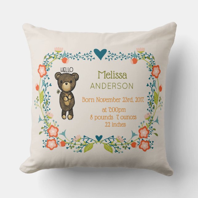 Cute Bear,  Yellow Flower & Floral Wreath Birth Throw Pillow (Front)