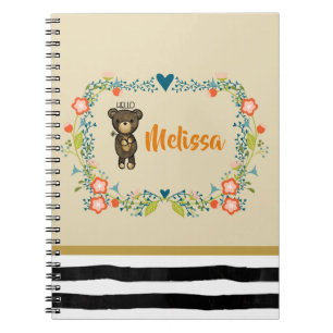 Cute Bear, Yellow Flower & Floral Wreath Custom Notebook