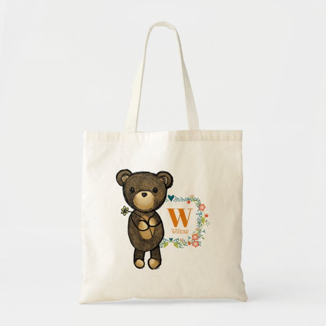 Cute Bear, Yellow Flower & Floral Wreath Custom Tote Bag (Front)