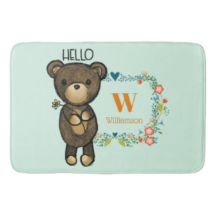 Cute Bear, Yellow Flower & Floral Wreath Monogram Bath Mat