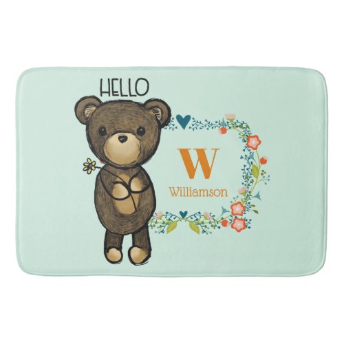 Cute Bear Yellow Flower  Floral Wreath Monogram Bath Mat