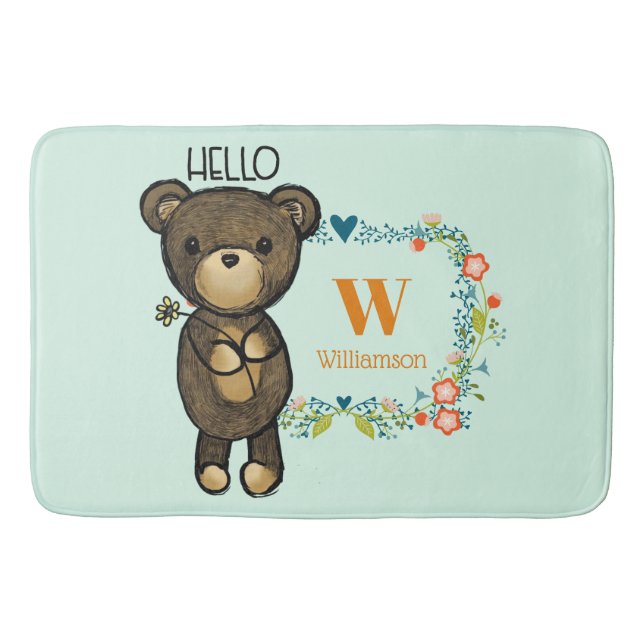 Cute Bear, Yellow Flower & Floral Wreath Monogram Bath Mat (Front)