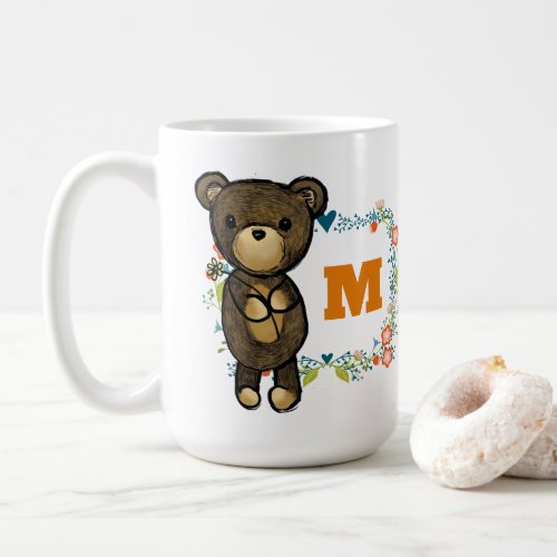 Cute Bear Yellow Flower  Floral Wreath Monogram Coffee Mug