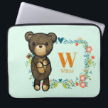 Cute Bear, Yellow Flower & Floral Wreath Monogram Laptop Sleeve<br><div class="desc">A laptop sleeve designed with a cute illustration of a cartoon brown bear holding a yellow daisy. Surrounded by a decorative floral wreath with flowers,  leaves,  
sprigs and hearts. Autumn color scheme. Personalize with a monogram initial and name.</div>