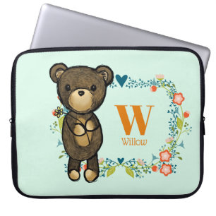 Cute Bear, Yellow Flower & Floral Wreath Monogram Laptop Sleeve