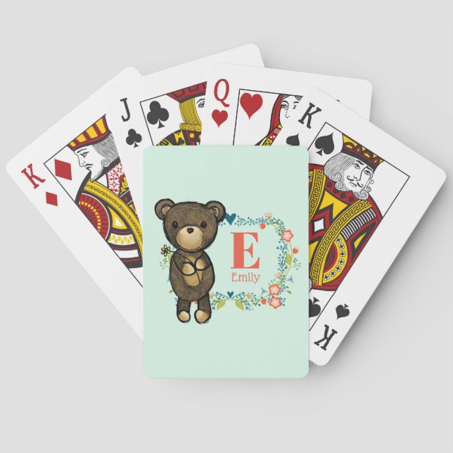 Cute Bear, Yellow Flower & Floral Wreath Monogram Poker Cards (Back)