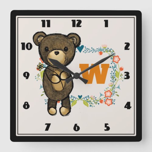 Cute Bear Yellow Flower  Floral Wreath Monogram Square Wall Clock