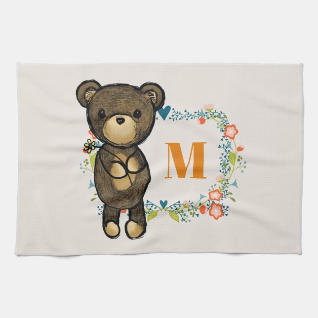 Cute Bear, Yellow Flower & Floral Wreath Monogram Towel (Horizontal)