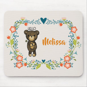 Cute Bear, Yellow Flower & Floral Wreath Mouse Pad