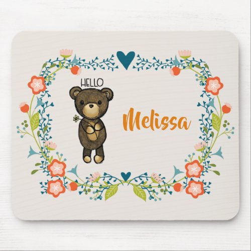Cute Bear Yellow Flower  Floral Wreath Mouse Pad