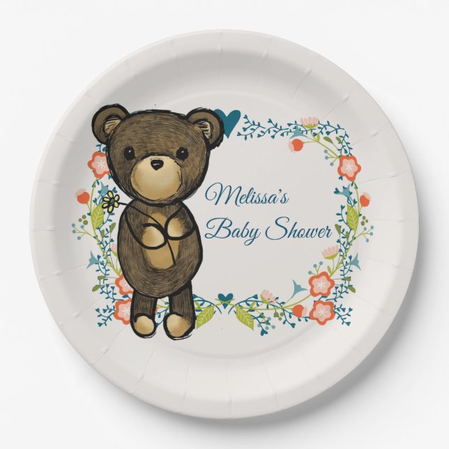 Cute Bear, Yellow Flower & Floral Wreath Paper Plates (Front)