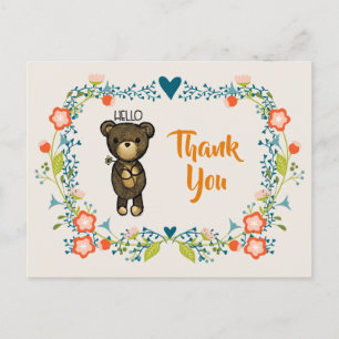 Cute Bear, Yellow Flower & Floral Wreath Thank You Postcard