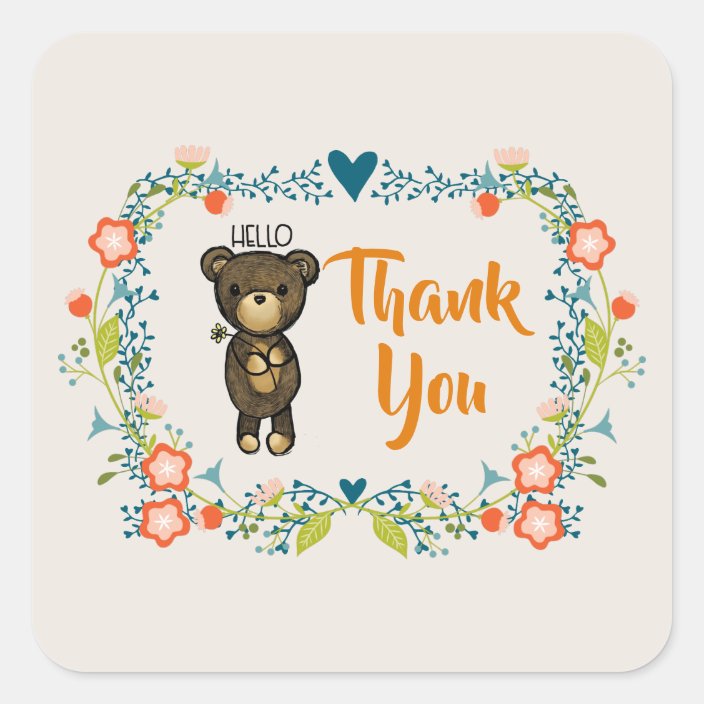 Cute Bear, Yellow Flower & Floral Wreath Thank You Square Sticker