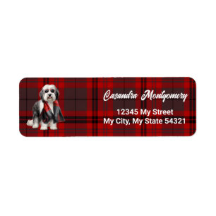 Cute Bearded Collie Sheepdog and Red Plaid Address Label