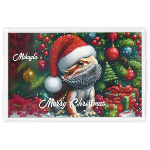 Cute Bearded Dragon and Santa Hat Acrylic Tray