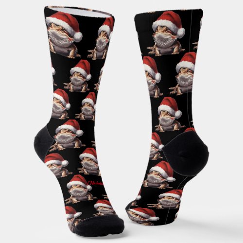 Cute Bearded Dragon and Santa Hat Black Socks