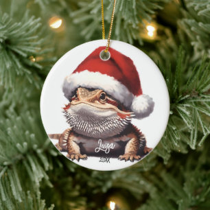 Cute Bearded Dragon and Santa Hat Ceramic Ornament