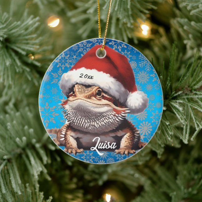 Cute Bearded Dragon and Santa Hat Ceramic Ornament (Tree)