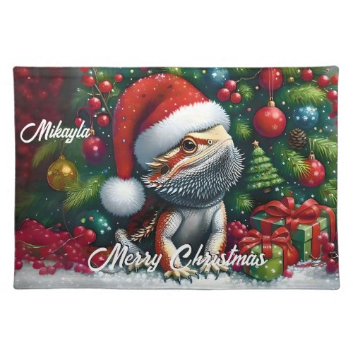 Cute Bearded Dragon and Santa Hat Cloth Placemat