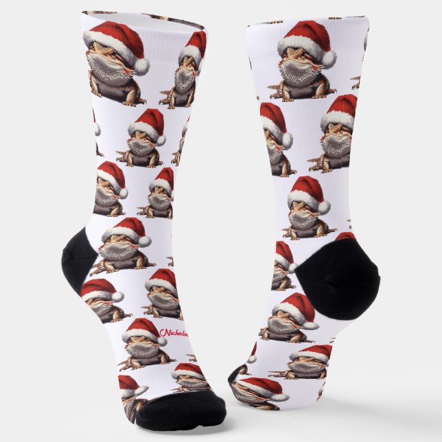 Cute Bearded Dragon and Santa Hat White Socks (Angled)