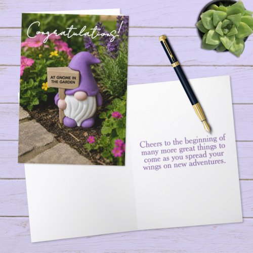 Cute Bearded Purple Gnome Amongst Garden Flowers Card