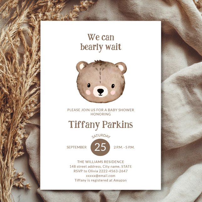Cute Bearly wait baby shower minimalistic Neutral Invitation (Minimalistic Bear Baby Shower Invitation | Neutral Boho Baby Shower Template)