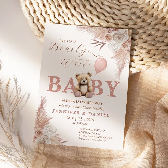 Cute Bearly Wait Baby Shower Pink Boho Floral Girl Invitation (Creator Uploaded)