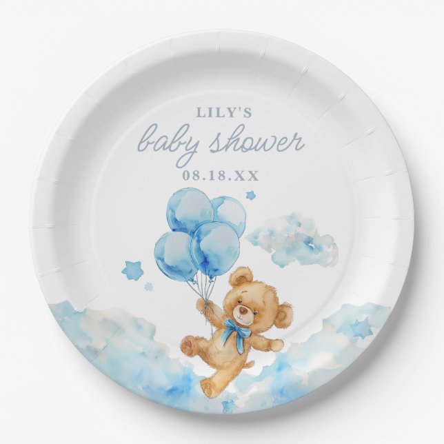 Cute Bearly Wait Blue Boy Baby Shower Paper Plates (Front)