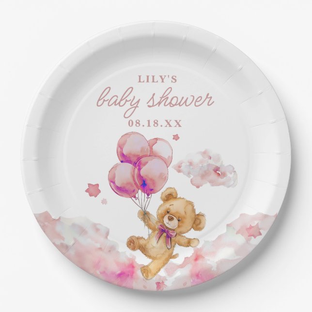 Cute Bearly Wait Pink Girl Baby Shower Paper Plates (Front)