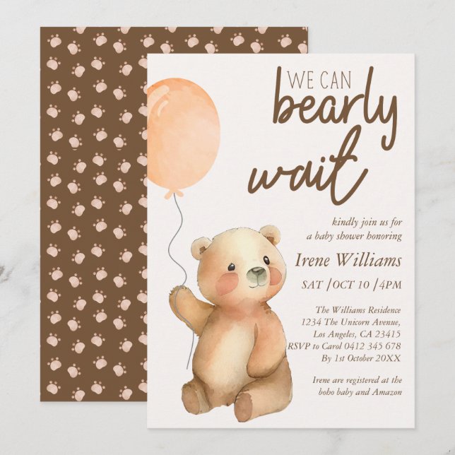 Cute Bearly Wait Teddy Bear Baby Shower Invitation (Front/Back)