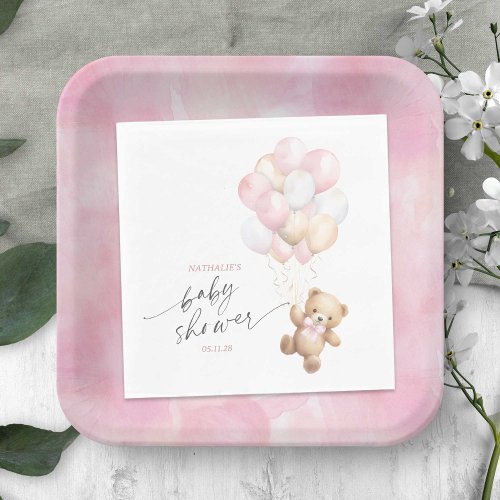 Cute Bearly Wait Teddy Bear Pink Balloons Shower Napkins