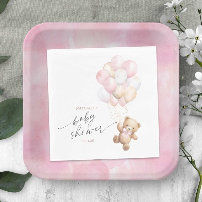 Cute Bearly Wait Teddy Bear Pink Balloons Shower Napkins (Pink We Can Bearly Wait, Teddy Bear Themed Baby Boy Shower Napkin.)