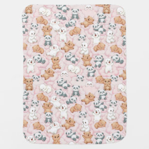 Cute Bears and Pandas on Pink Clouds Seamless Baby Blanket