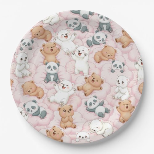 Cute Bears and Pandas on Pink Clouds Seamless Paper Plates